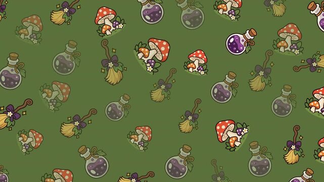 Cute cottagecore witch pattern with toadstool mushrooms, potion bottles and floral broom. Seamless loop flat illustration on forest green background.
