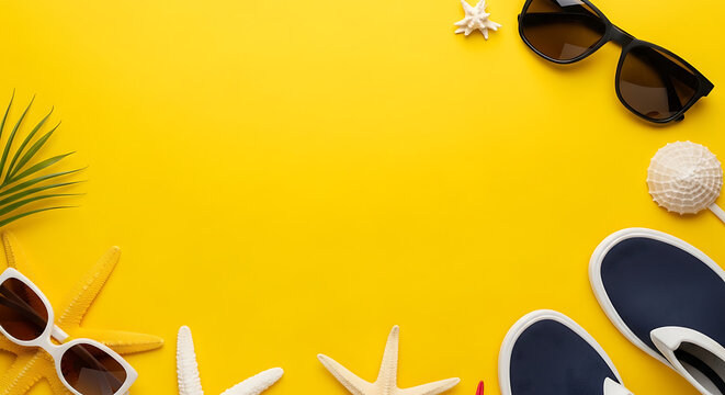 Summer vacation items with sunglasses and shoes on yellow