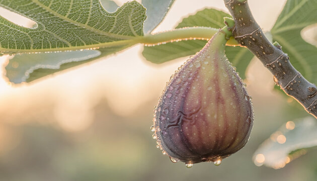 A single fresh ripe fig hanging on a tree branch with morning dew drops.