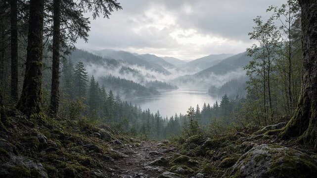 Scenic misty mountain lake view framed by pine forest trees under overcast cloudy skies