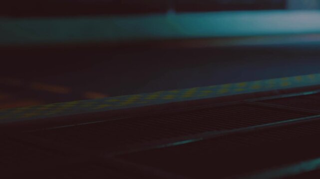 A train station platform is captured at night. The scene shows a dimly lit area with shadows and a section of the yellow safety line visible on the ground.