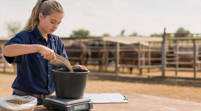 Young Woman Measuring Livestock Feed on Scale at Cattle Farm