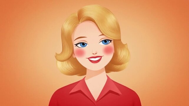 An animated portrait of a smiling blonde woman with blue eyes wearing a red shirt against an orange background.