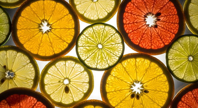 Fresh citrus fruit slices in bright colorful pattern