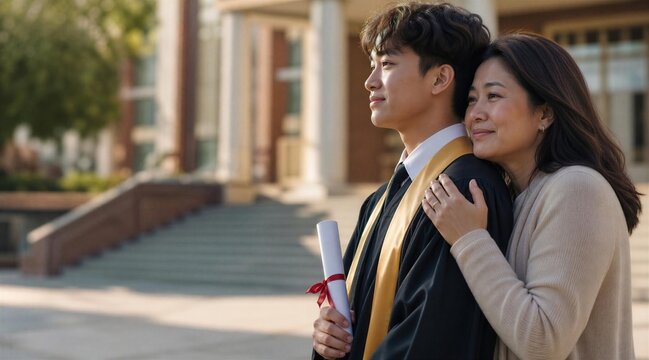 Asian Mother and Son Embrace at College Graduation Day