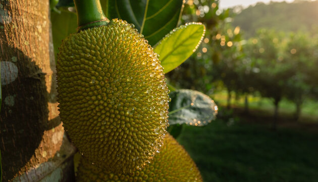 Fresh jackfruit hanging on a tree in a tropical orchard during the golden hour.