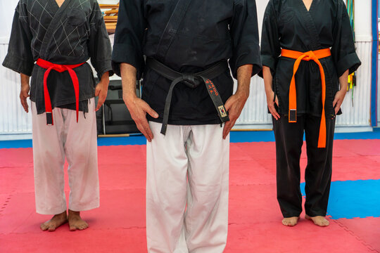 Three hapkido students, wearing doboks and colored belts, bowing during a martial arts training session