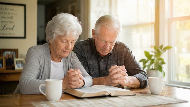 Elderly Christian couple praying together over an open Bible at home with warm morning sunlight and faith
