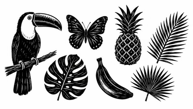 Tropical engraving sketch collection with toucan butterfly pineapple banana and palm leaves isolated on white background