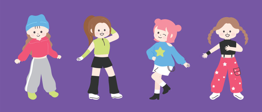 K-POPダンスをする女の子たちのフラットでカラフルなイラストセット