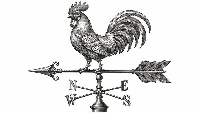 Rooster weather vane engraving sketch with vintage directional compass isolated on white background illustration