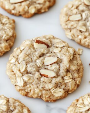 Close view of gluten free oatmeal cookies with almond toppings