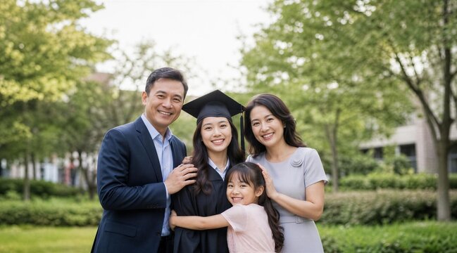 Asian Family Celebrating Daughter Graduation Outdoors