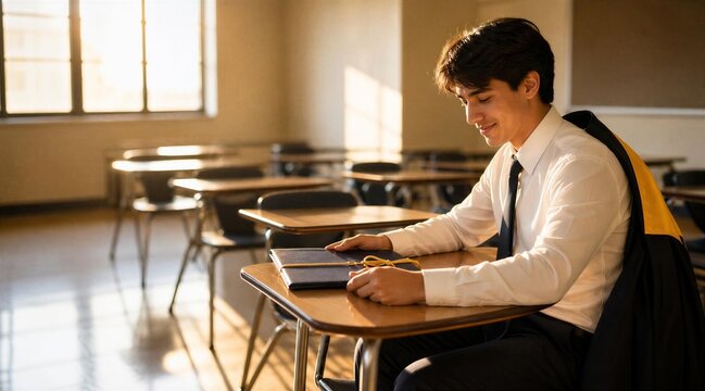 Smiling Graduate Student Sitting at Classroom Desk with Diploma