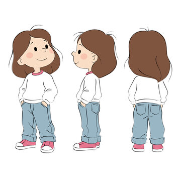 Cute Girl Fashion Sketch with Front Side and Back Views, Hand Drawn Cartoon Child in Casual Jeans Outfit, Character Reference Illustration