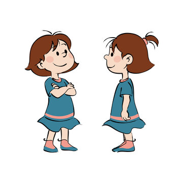 Hand Drawn Cartoon Girl in Teal Dress, Cute Child Character Sketch with Front and Side Views for Kids Illustration and Character Design