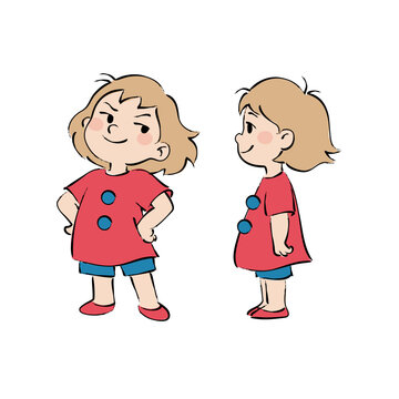 Hand Drawn Cartoon Girl Character in Red Outfit, Cute Child Sketch with Front and Side Views for Kids Illustration and Character Design