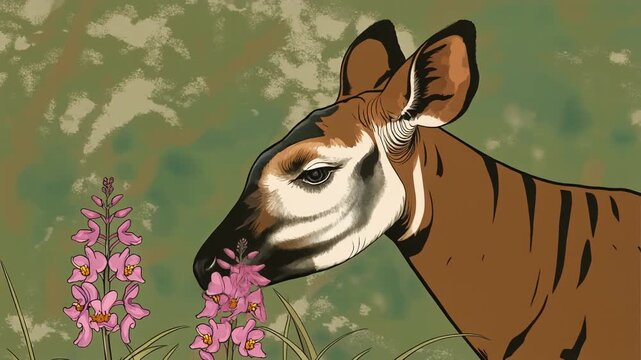 Okapi standing in a lush green forest, rare giraffe relative in natural habitat