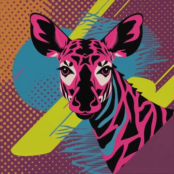 Geometric Pop Art Okapi Portrait with Vibrant Abstract Shapes and Bold Graphic Patterns