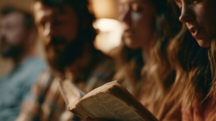 Fototapeta premium Focused individuals reading a book in a warmly lit indoor setting