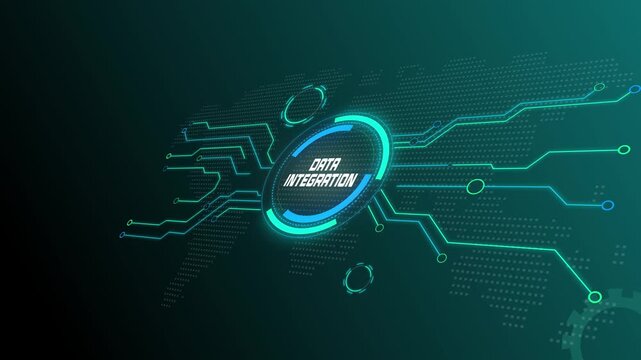 Data Integration Connecting Multiple Digital Sources on a Futuristic Technology Interface with Unified Data Graphics.