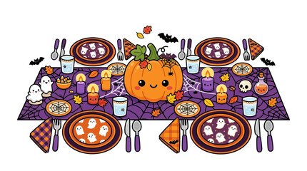 Fototapeta premium Halloween dinner party table setting with pumpkin.
