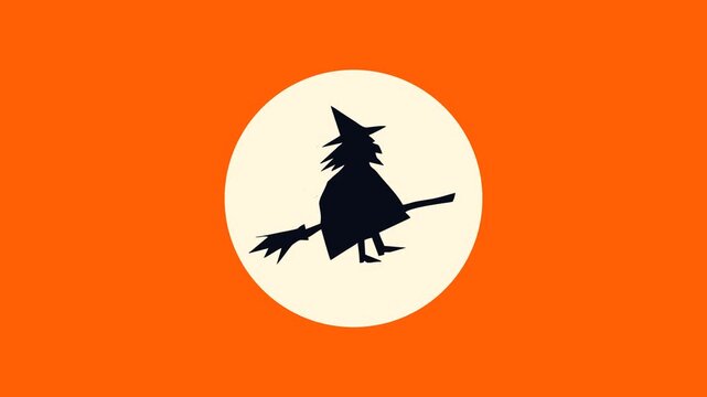Witch flying on broomstick silhouette with full moon backplate on vibrant orange background