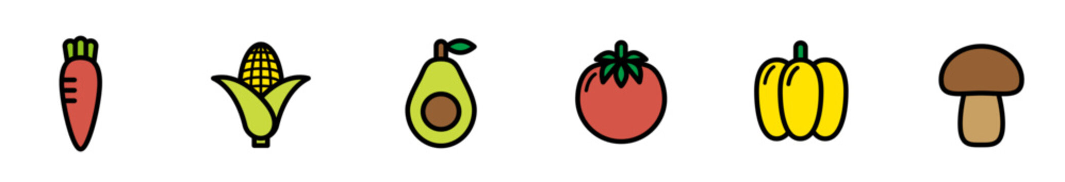 Fresh vegetable and mushroom vector icon set. 6 colorful pictograms for tomato, carrot, avocado, pepper, mushroom, food EC, and web UI.