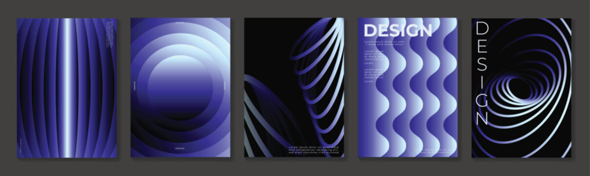 Abstract geometric poster templates set. Vector purple gradient backgrounds with curved shapes, waves and glowing forms for branding, covers, flyers and modern creative layouts