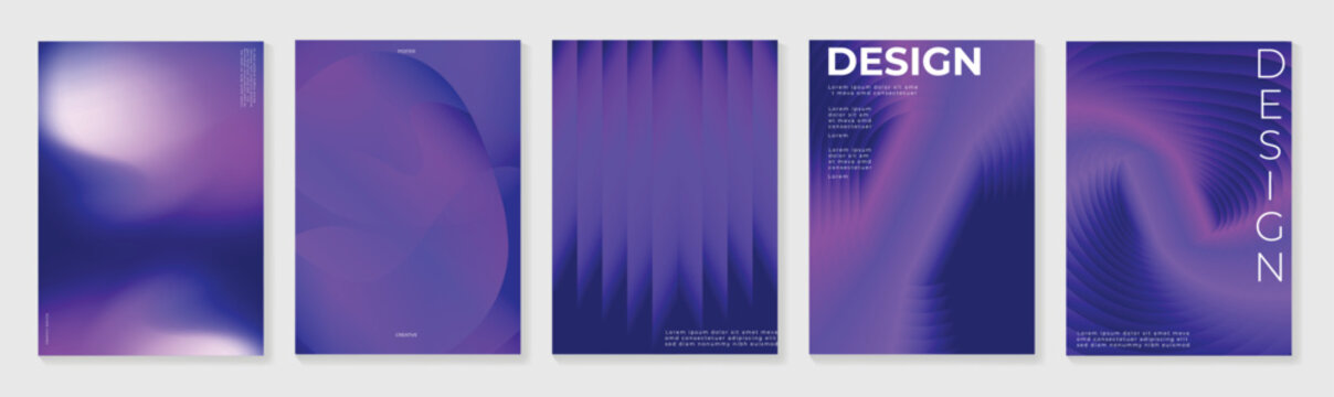 Abstract geometric poster templates set. Vector purple gradient backgrounds with curved shapes, waves and glowing forms for branding, covers, flyers and modern creative layouts