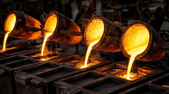 Molten Metal Pouring Into Casting Molds at Foundry