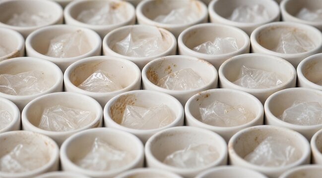 Rows of White Ceramic Crucibles with Crystal Samples