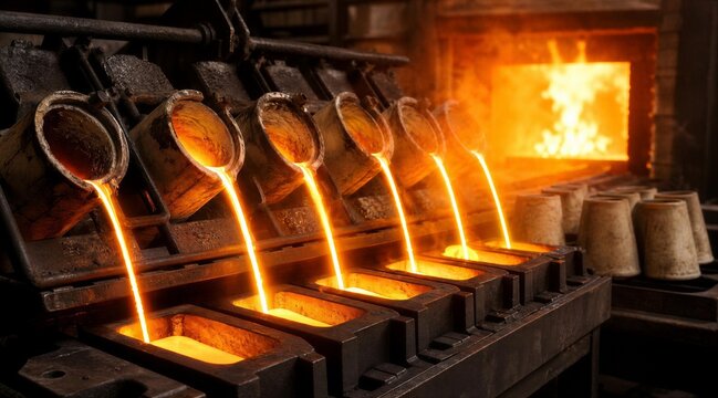 Molten Metal Pouring Into Molds at Industrial Foundry