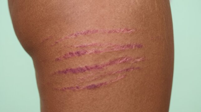 Severe red stretch marks striae rubrae on female thigh skin