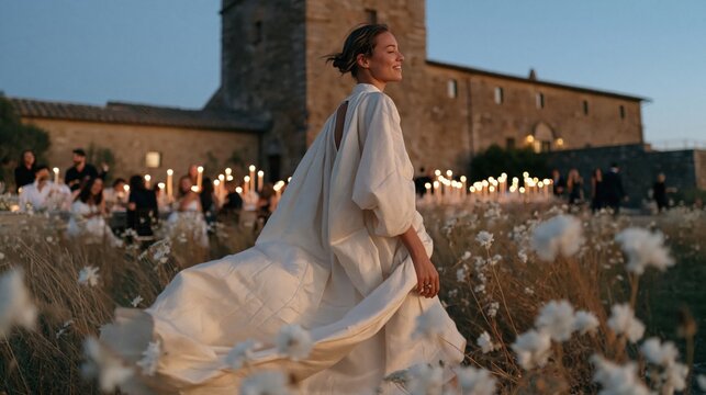 Mari&eacute;e en robe blanche marchant dans un champ fleuri au cr&eacute;puscule devant un ch&acirc;teau