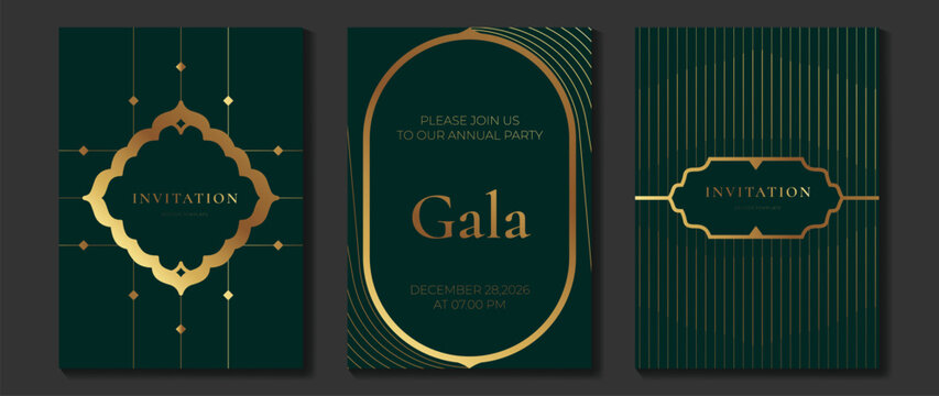 Luxury invitation templates set. Vector dark green and gold elegant frames with geometric lines and ornamental borders for gala events, wedding cards, formal parties and premium stationery