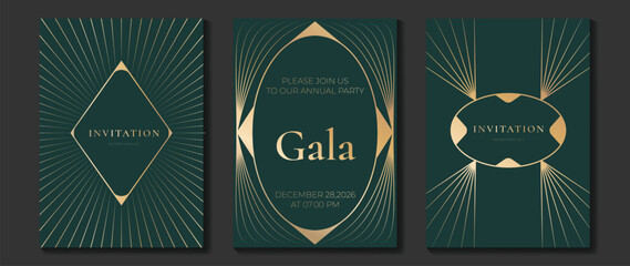 Plakat Luxury invitation templates set. Vector dark green and gold elegant frames with geometric lines and ornamental borders for gala events, wedding cards, formal parties and premium stationery