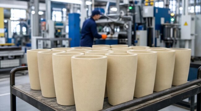 Ceramic Components on Trolley in Industrial Manufacturing Plant
