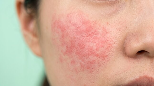 Severe rosacea redness erythema and inflamed rash on female cheek