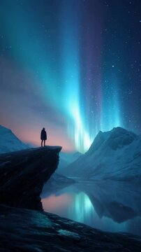 person stand on cliff by lake look at beautiful night sky with aurora borealis vertical video