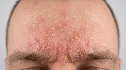 Naklejka premium Close up of male forehead with severe dry flaking skin, seborrheic dermatitis, psoriasis or dandruff condition