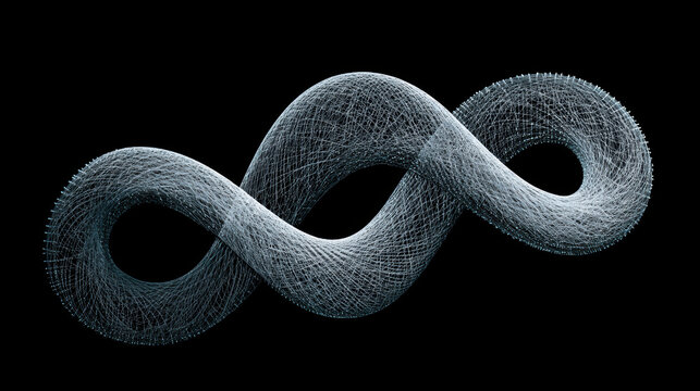 Abstract infinity symbol minimal illustration infinite process becoming loop wireframe ribbon flowing line black background, serene motion