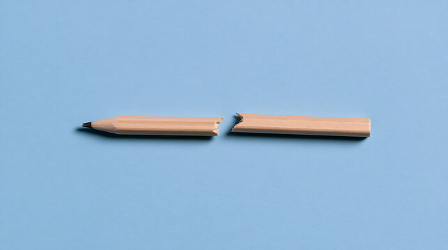 A single wooden pencil broken in half resting on a clean light blue background, symbolizing stress, failure, pressure, and office burnout