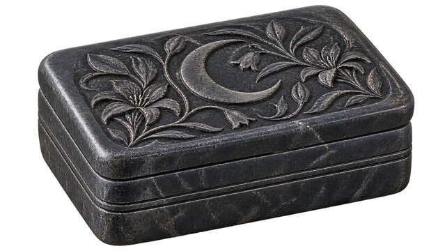 Gothic Black Stone Trinket Box with Crescent Moon and Botanical Relief