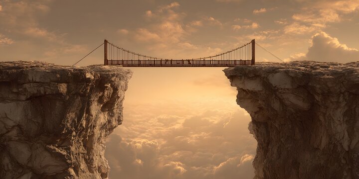 A fragile suspension bridge stretches between two jagged rocky cliffs above a sea of golden clouds at sunset.