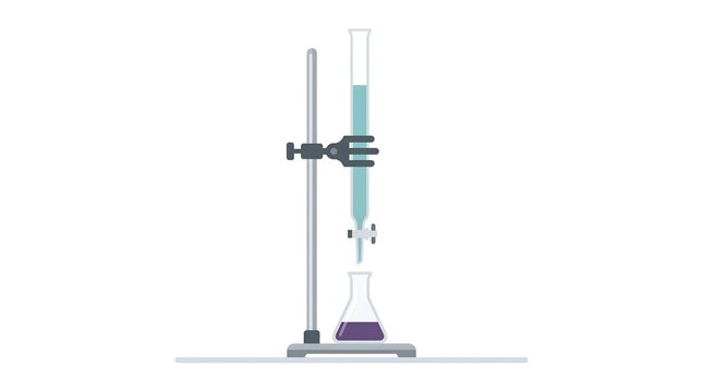 Burette titration setup with flask and metal stand