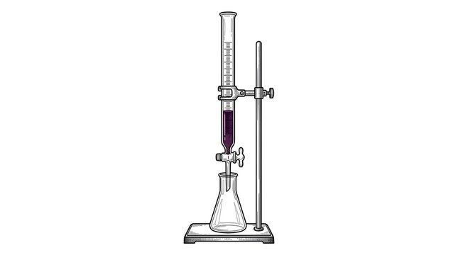 Scientific laboratory burette with purple liquid and flask