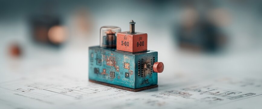 Miniature, weathered, teal-blue electronic component on a blueprint, featuring red details