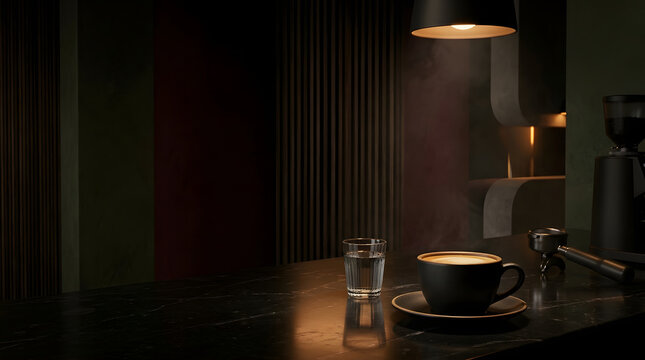 Warmth and comfort A perfectly brewed coffee in a dark, inviting cafe setting