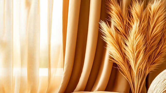 Sunlight through sheer curtains, beige drapes, pampas grass.